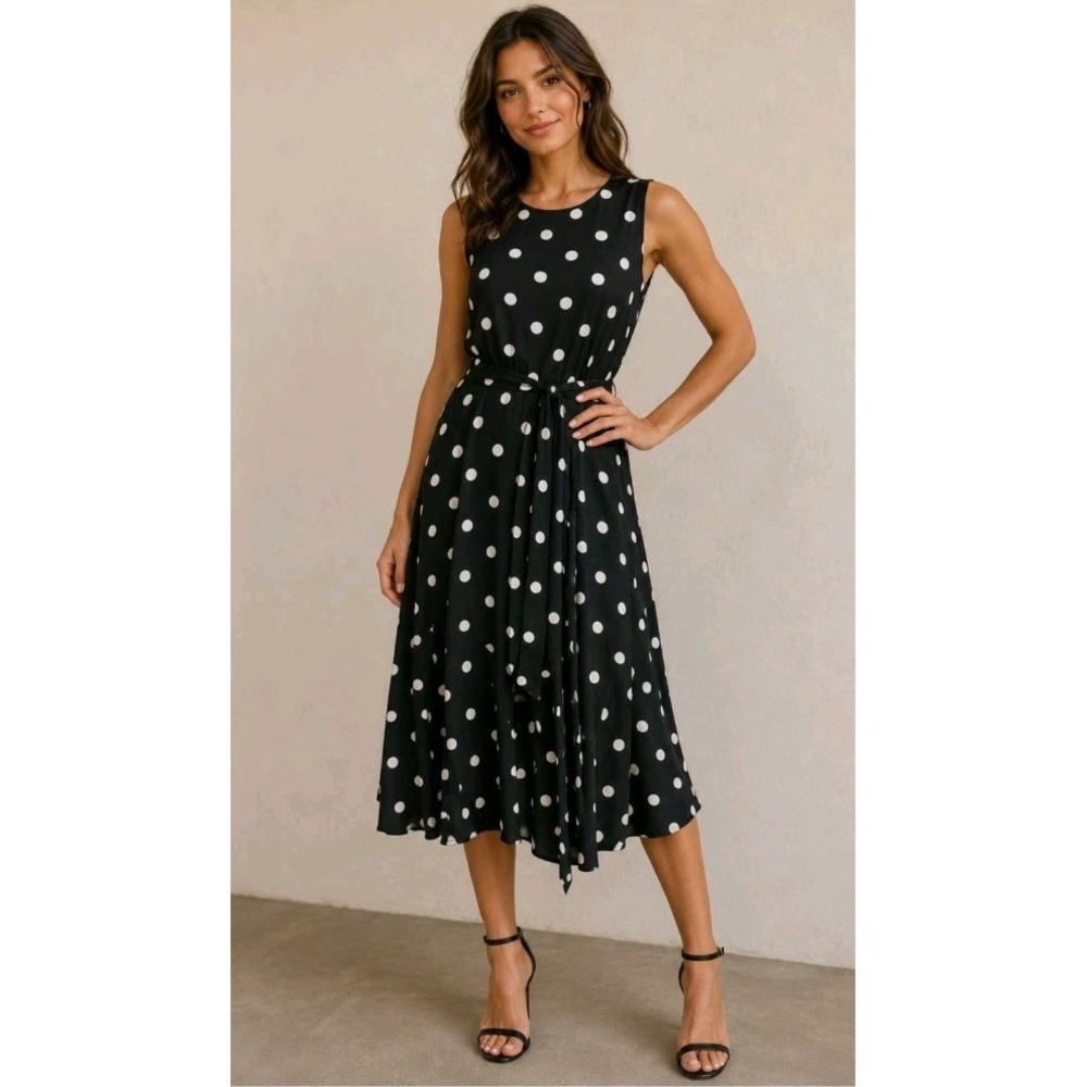 Lauren Ralph Lauren Black White Polka Dot Stretch Jersey Midi Dress Belt Size 12